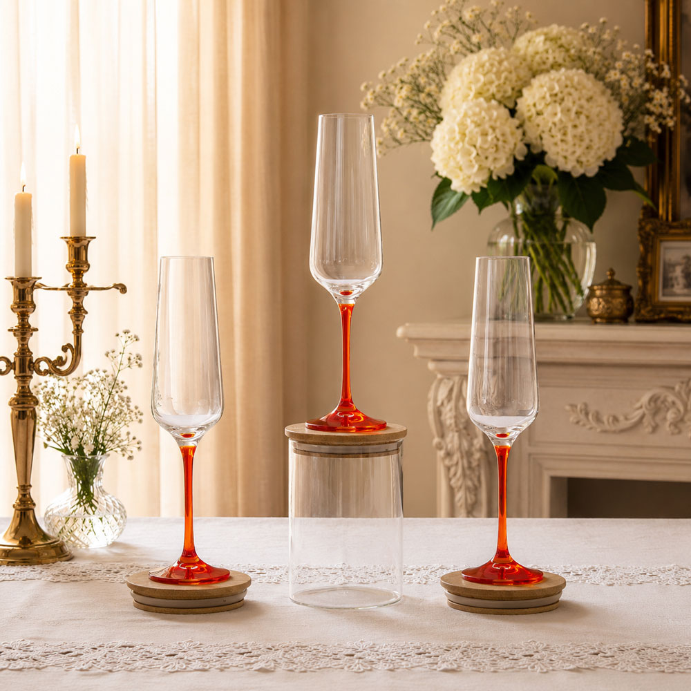 កែវ Champagne ប្រណិត ដងពណ៌ក្រហម Crystal Glass